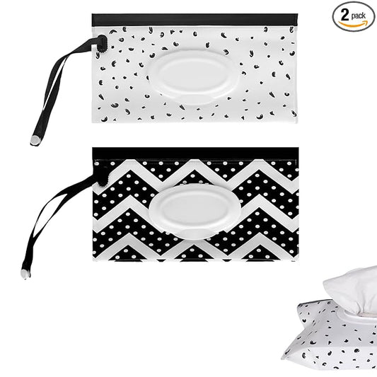 2PCS Portable Wet Wipes Bag, EVA Travel Wet Wipes Dispenser Pouch for Outdoor, Travel and Daily Use (Wave & Feather Designs)