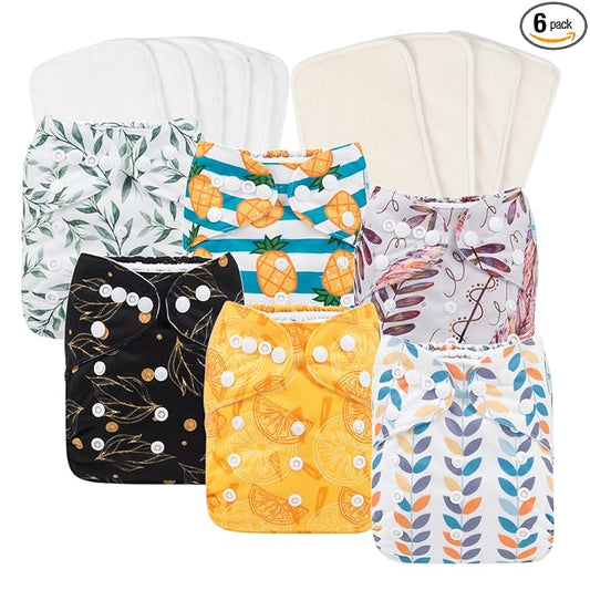 Babygoal Reusable Neutral Cloth Diapers 6 Pack with 10pcs Inserts, One Size Adjustable Washable Pocket Nappy Covers for Baby Boys and Girls