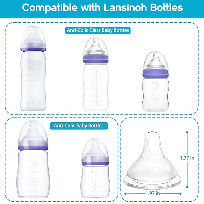 Silicone Bottle Baby Feeding Nipples Compatible with Lansinoh Bottles, Replacement Soft Nipple for Baby 1+ Months, Anti-Colic, BPA-Free, Slow Flow, Size S, 6 Count