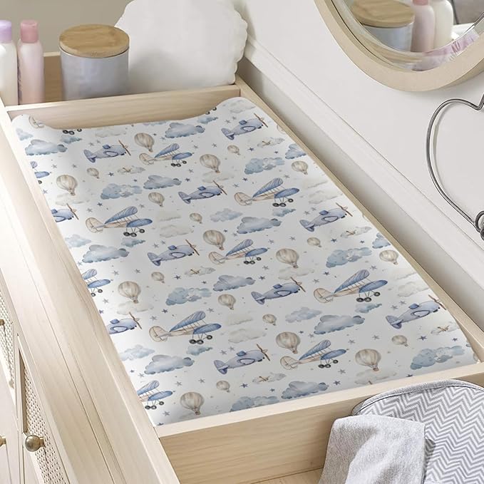 Plane Hot Air Balloon Transportation Pattern Baby Changing Pad Cover, Unisex Aircraft Clouds Stars Nursery Diaper Changing Table Pad Mat Sheet for Boys Girls-16x32