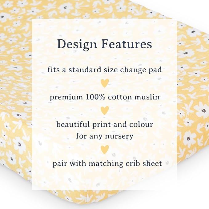 Lulujo Muslin Change Pad Cover - Fitted Changing Pad Cover for Boys and Girls -32"x17", 1 Pack (Yellow Wildflowers)