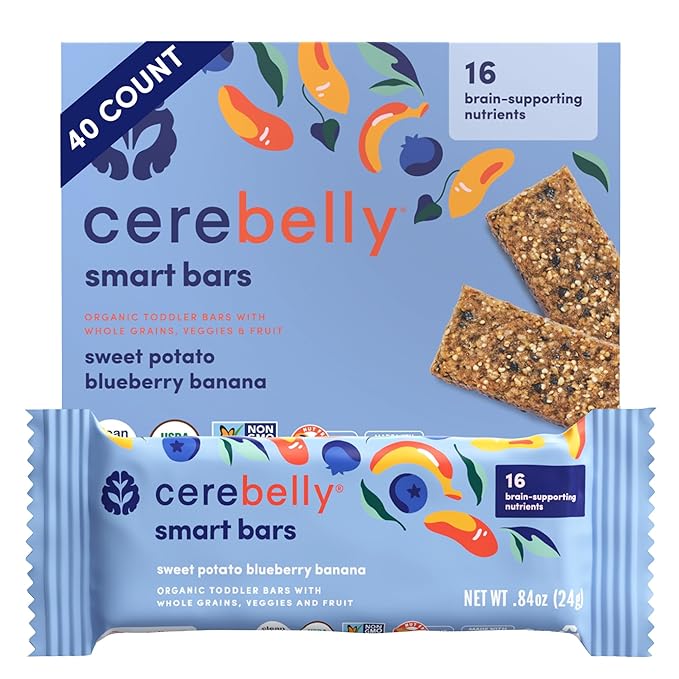 Cerebelly Organic Toddler Smart Bars 40-Count, Sweet Potato Blueberry Banana Smart Bars, 16 Brain-Supporting Nutrients, No Added Sugar, Gluten Free, Nut Free, Kids Snacks