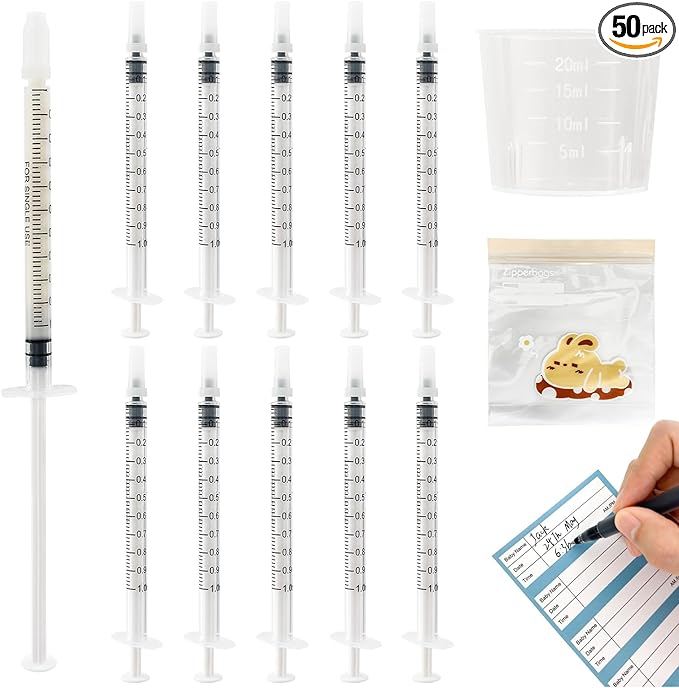 50 Sets 1mL Colostrum Syringes with Caps, Colostrum Collector Kit Include 50pcs 1mL Sterile Syringes, 1 Measuring Cup, 5 Storage Bags, 50 Labels