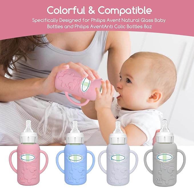 4 Pack Silicone Sleeves for Dr. Brown's Glass Baby Bottles -Drop Protection Easy-Grip Baby Bottle Sleeves Holder with Handles, Compatible with Dr. Brown's Newborn Glass Bottles 4 oz/120 ml