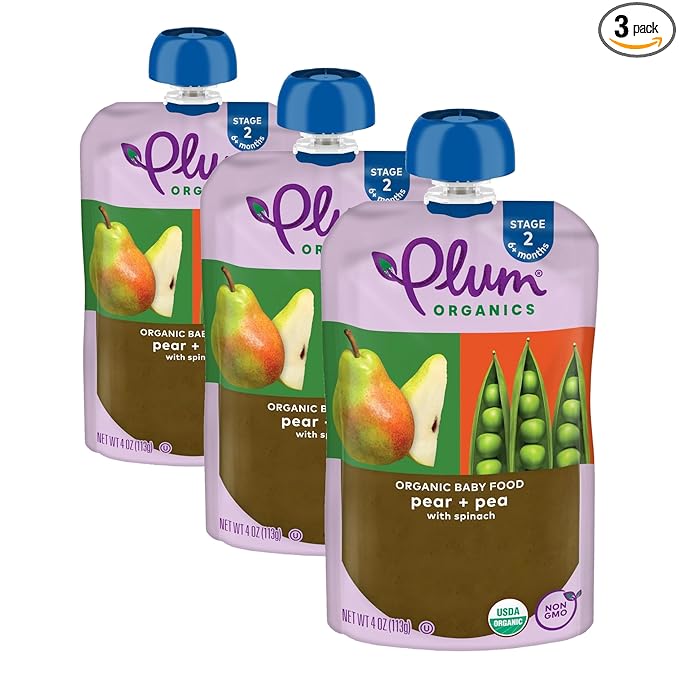 Plum Organics Stage 2 Organic Baby Food - Pear + Pea with Spinach - 4 oz Pouch - Organic Fruit and Vegetable Baby Food Pouch (Pack of 3)