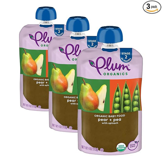 Plum Organics Stage 2 Organic Baby Food - Pear + Pea with Spinach - 4 oz Pouch - Organic Fruit and Vegetable Baby Food Pouch (Pack of 3)