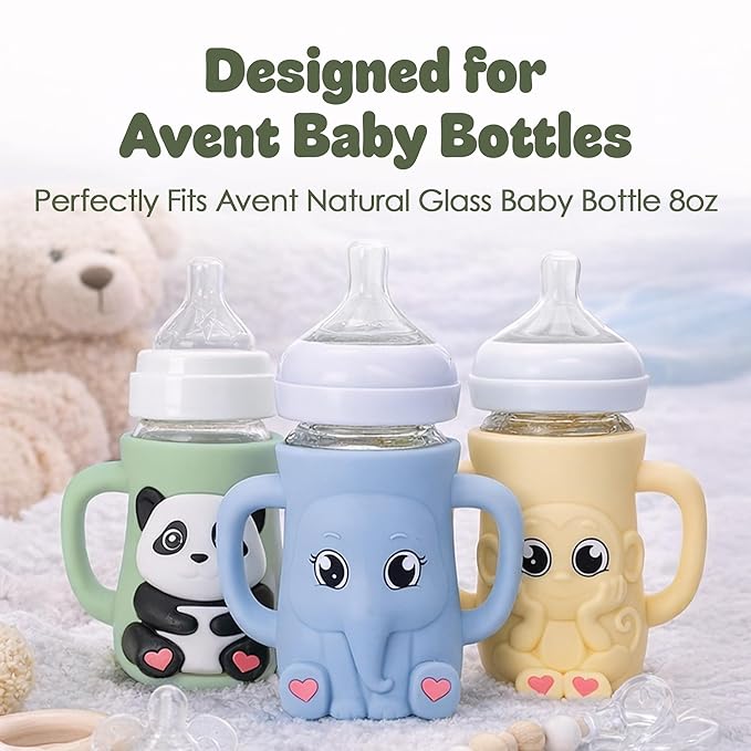 Silicone Bottle Sleeve for 8oz Philips Avent Natural Glass Bottle | Drop Protector + Easy Grip Handles | BPA Free Safe Material | Baby Bottle Not Included | Yellow Monkey