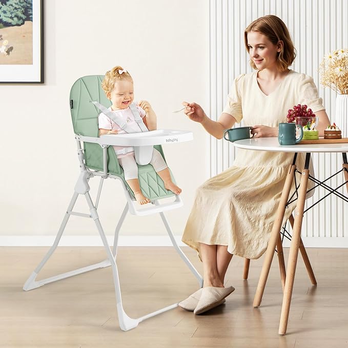 BABY JOY Foldable High Chair, Portable Highchairs for Babies and Toddlers with 3-Position Adjustable Tray & Footrest, Removable Seat Cushion, 5-Point Safety Harness, Space Saving Design (Green)