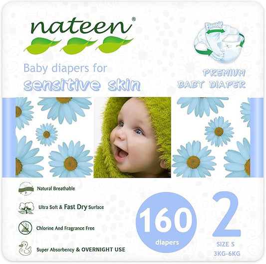 Nateen Premium Baby Diapers, Overnight Use Disposable Diapers for Sensitive Skin, Ultra Thin Diapers with Comfortable Fit. Size 2 (Small), 160, Count.