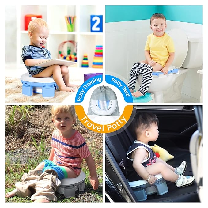 Orzbow Portable Potty Training Toilet, Travel Potty Seat for Toddler Boys Girls with Splash Guard, Potty Training Essentials, Foldable, Includes Free Travel Bag and 40 Liners, Indoor/Outdoor Use, Blue