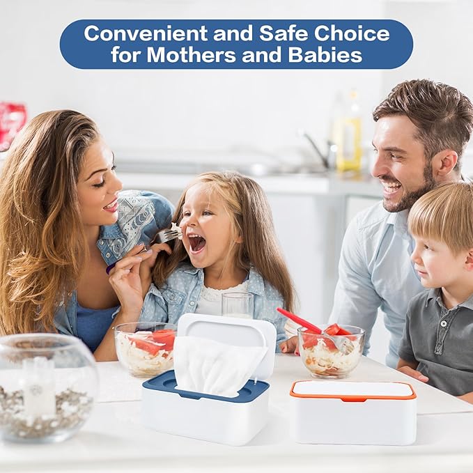 2Pcs Wipe Dispenser, Reusable Baby Wipe Holder Refillable Wipes Container, Easy Open & Close Wipes Pouch Case with Lid for Bathroom Baby Nursery Kitchen Office Travel (Blue/Orange)