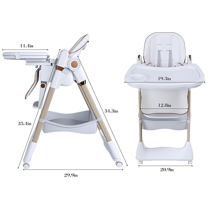 White Convertible Height Toddler High Chair with Lockable Wheels, Portable Foldable Baby Feeding Seat with Tray, Adjustable Highchair Easy Clean for Babies and Toddlers Ages 0-6 Years