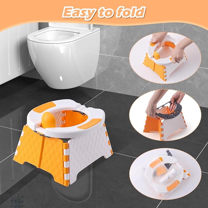 Foldable Travel Potty for Toddlers, Portable Potty Chair with Bag & 30 Pouches - Kids Toilet for Car, Camping, Indoor Outdoor - Splash-Proof Design, Easy Clean Training Seat(Orange)