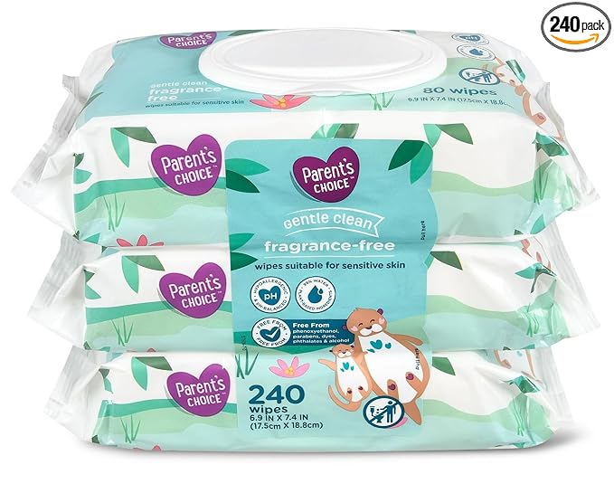 Parent's Choice Gentle Clean Fragrance-free Unscented No Scent Baby Wet Wipes Suitable for Sensitive Skin Infused with Vitamin E and Aloe, 240 Count (Value Pack Includes 3 80-Count Packages) - 1 Pack