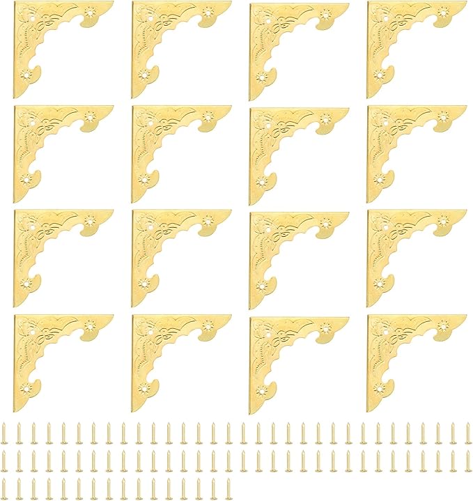 uxcell 30pcs Vintage Corner Protector 1.6"x1.5"x0.2" Decorative Metal Edge Corner Protectors Brackets with Mounting Nails for Box Wooden Case Chest Table Desk Yellow