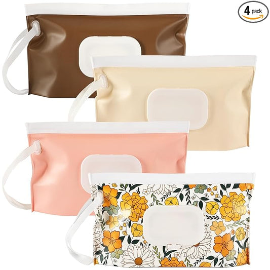 FEBSNOW 4 Pack Baby Wipes Dispenser, Portable Refillable Wipe Holder Baby Wipes Container Travel Wipes Case Reusable Wet Wipes Pouch (Floral, Cream, Brown, Pink)