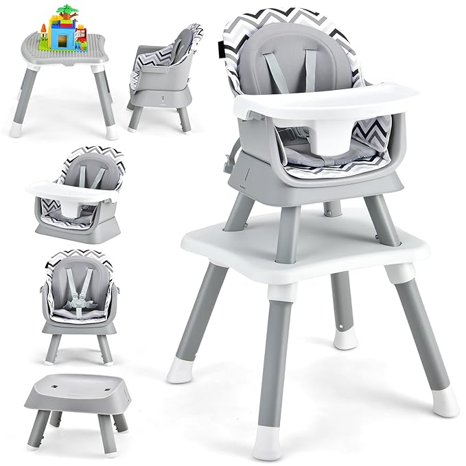 HOMGX Baby High Chair, 8-in-1 Convertible High Chair w/Removable Tray & Safety Harness, Infant Dining Booster Seat, Building Block Table & Chair Set, Highchair for Babies and Toddlers (Wave Grey)