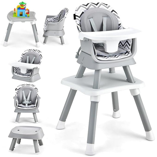 HOMGX Baby High Chair, 8-in-1 Convertible High Chair w/Removable Tray & Safety Harness, Infant Dining Booster Seat, Building Block Table & Chair Set, Highchair for Babies and Toddlers (Wave Grey)