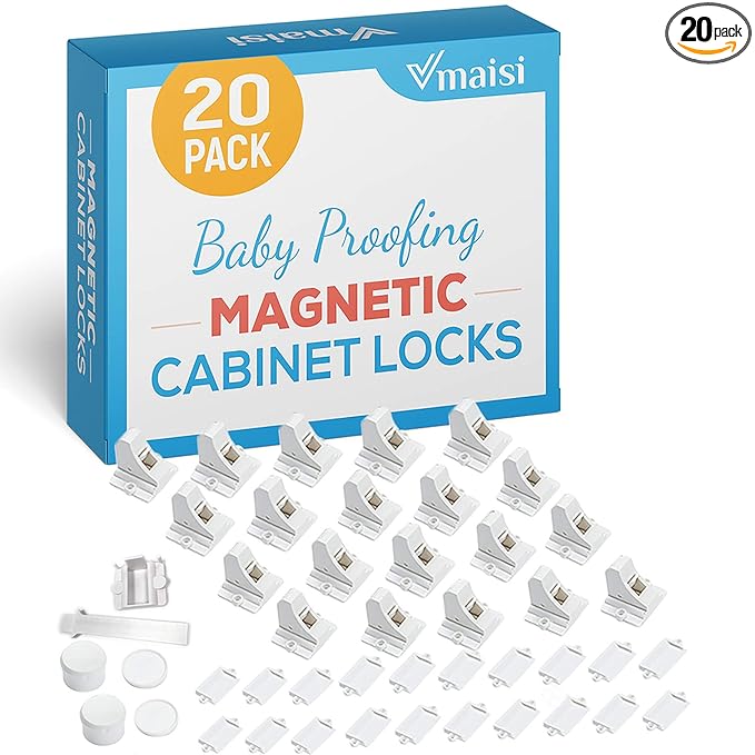 20 Pack Magnetic Cabinet Locks Baby Proofing - Vmaisi Children Proof Cupboard Drawers Latches - Adhesive Easy Installation