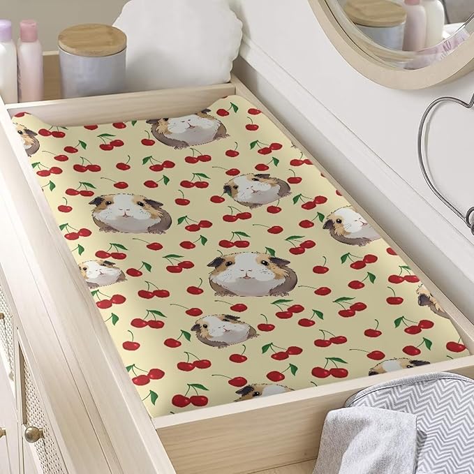 Breathable Diaper Changing Pad Cover for Baby Girls and Boys, Soft Changing Table Sheets 16 * 32 Inches, Cherry Guinea Pig