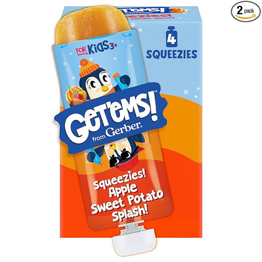 Get'ems from Gerber, Squeezies, Apple Sweet Potato Splash Kids Smoothie Pouch, Fruit and Veggie Pouches, Ice Pops, Freezie Fruit Pops, Snacks for Kids, 8-Pack