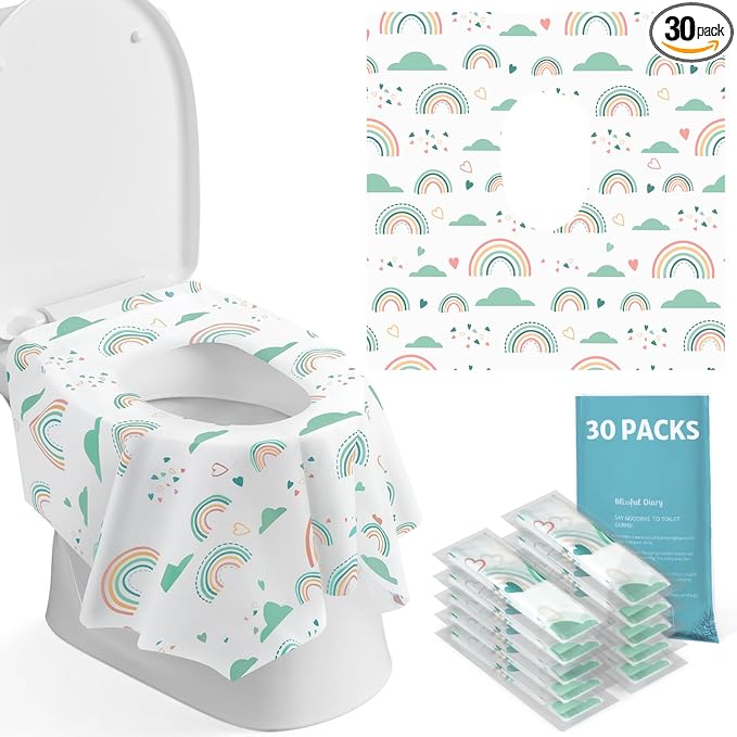 Blissful Diary 30 Pcs Toilet Seat Covers Disposable for Toddlers & Adults, Extra Large Waterproof, Portable Package for Travel, Kids Potty Training