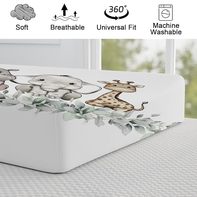 Baby Safari Animals Changing Pad Cover Cute Lion Elephant Giraffe Zebra Hippo Boho Green Leaves Change Table Pad Cover for Boys Girls Soft Stretch Fitted Diaper Changing Mat Sheets 32''x16''