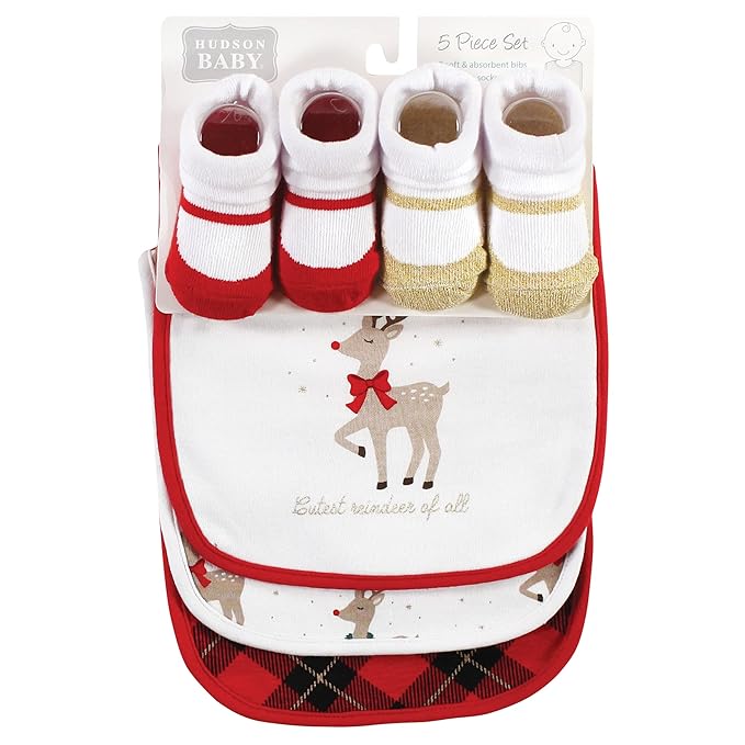 Hudson Baby Unisex Baby Cotton Bib and Sock Set, Fancy Rudolph, One Size