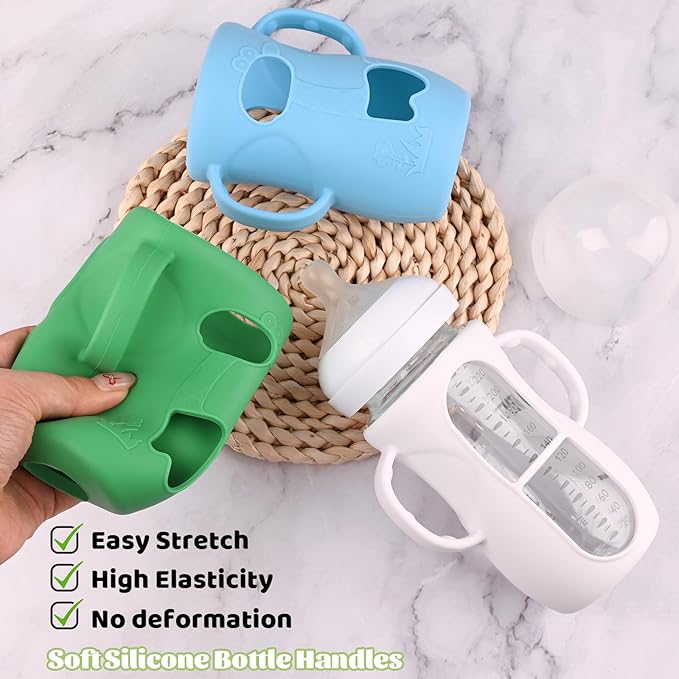3 Pack Silicone Sleeves for Avent Natural Glass Baby Bottles, Anti Breakage Baby Bottle Sleeves with Handles, Compatible Philips Avent Glass Natural Baby Bottle 8 oz(White+Green+Blue)
