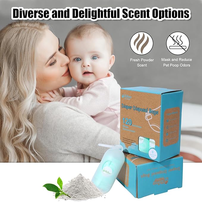USBOO Diaper Bags Disposable for Baby - Fresh Powder Scent, 8 Refill Rolls (120 Pack) Diaper Trash Bags with Dispenser, Diaper Bag Accessory