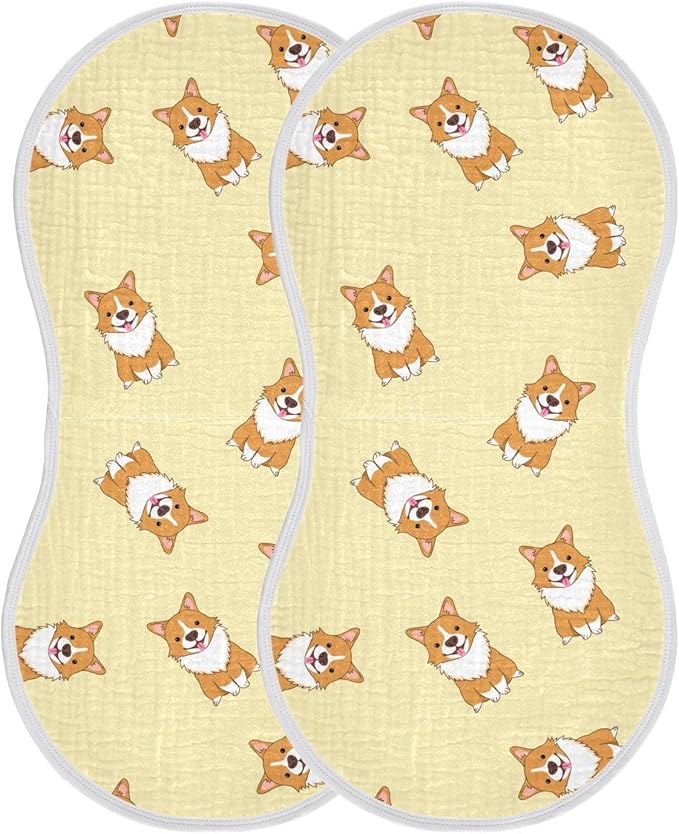 Cute Corgi Dog Pattern Muslin Burp Cloths for Baby 2 Pack Soft 100% Cotton Baby Washcloths Bibs for Boy Girl