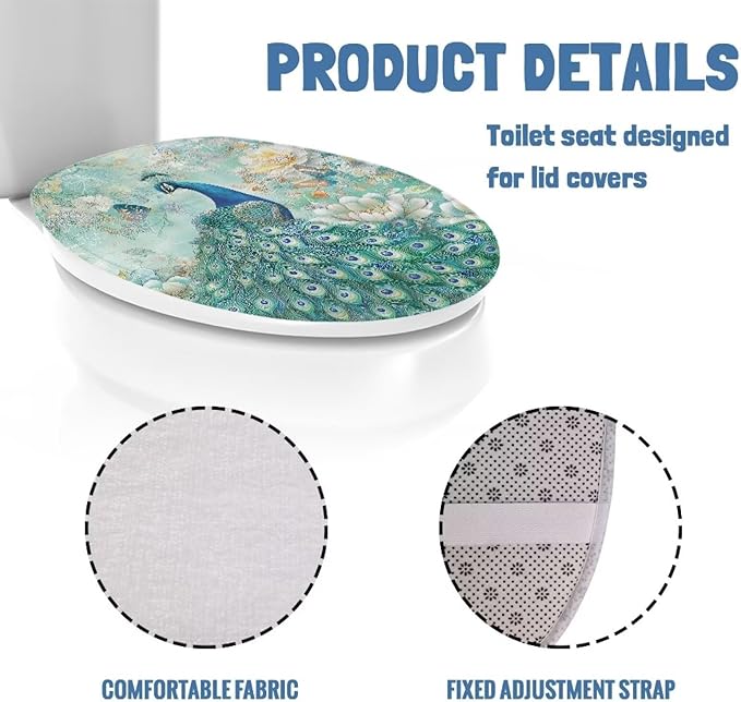 Peacock Toilet Lid Cover Soft Flannel Fabric Toilet Cover Elastic Edges Seat Covers Soft and Breathable Toilet Lid Covers for Bathroom Fits Most Toilet Lids