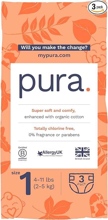 Pura Sensitive Skin Try Me Pack Baby Diapers Trial Pack, Size 1 (4–11 lbs), Totally Chlorine Free, Wetness Indicator, Soft & Gentle, Overnight, Hypoallergenic, Plant-Based 3- Diaper Trial Pack