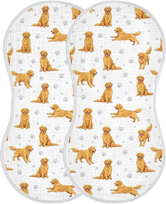2 Pack Muslin Burp Cloths Golden Dogs Paw Prints White Cotton Baby Burp Cloths Ultra Absorbent and Soft Thick Burping Cloth for Newborn Baby Boys Girls 22x11 Inch