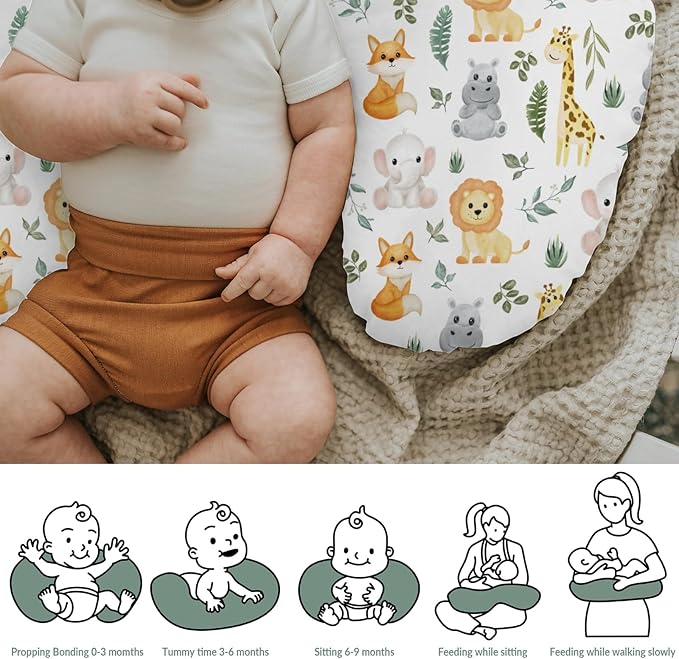 Safari Animals Baby Nursing Pillow Covers for Boy Girl Cute Lion Giraffe Elephant Hippo Tropical Leaves Nursery Pillowcase for Breastfeeding Pillows Zoo Jungle Soft Stretchy Slipcovers for Newborn