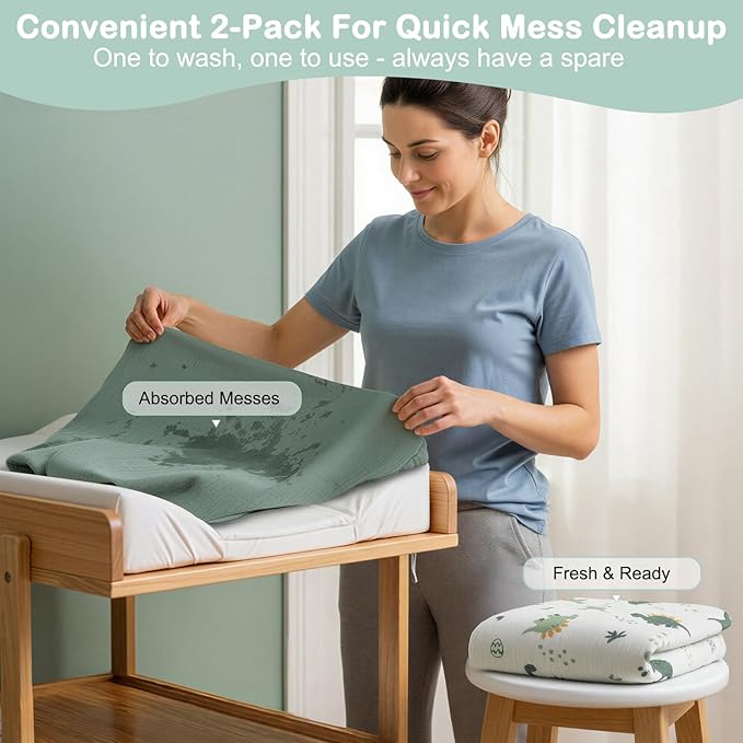 Basumee Muslin Changing Pad Cover Waterproof 2 Pack Baby Changing Table Covers for Boys and Girls Soft Breathable Nursery Diaper Change Table Cover Pad Fits 32"x16", Green Dinosaur