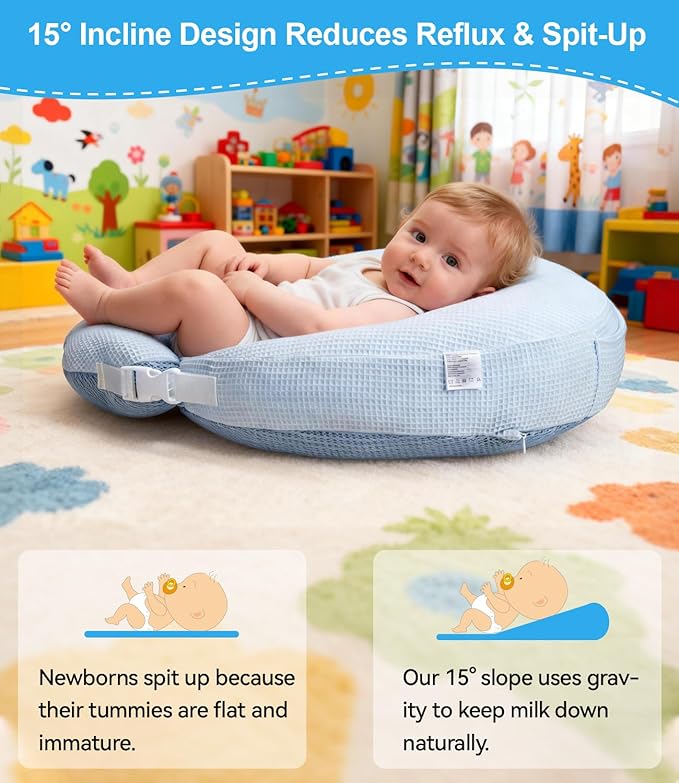 Nursing Pillow for Breastfeeding Bottle Feeding, Ergonomic Baby Feeding Support Pillow, Tummy Time Sitting Support, Washable Cover, 16 CFR 1242 Compliant