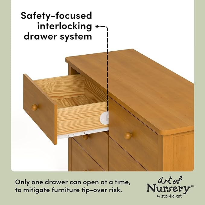 Storkcraft Rio 6 Drawer Dresser (Almond) – GREENGUARD Gold Certified, Wood Dresser for Bedroom, Kids & Nursery Storage Chest, Safety Interlocking Drawers, Pre-Installed Tracks, Kids Chest