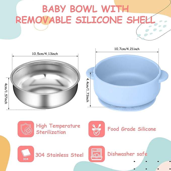6 Pack 304 Stainless Steel Baby Bowls with Removable, Silicone Bowl, Suction Bowls for Baby, Scald-Resistant Food Containers, for Kids, Babies Food Feeding