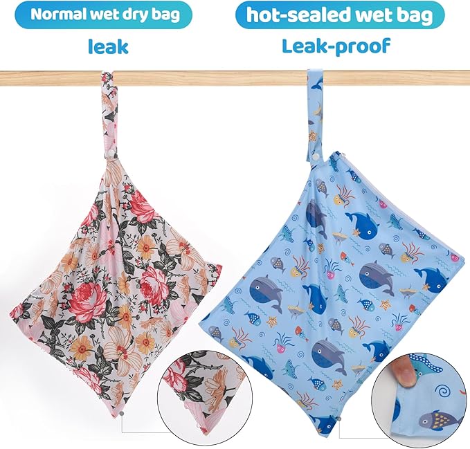 2pcs Cloth Diaper Mess-proof Wet Bags,Waterproof Reusabel Travel Storage Stroller Daycare Soiled Baby Items Beach Pool Yoga Gym Bag for Wet Toddler Swimsuits -Dolphin,Blue