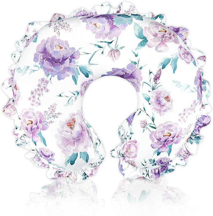 Ruffle Nursing Pillow Cover, Removable Stetchy Case for Breastfeeding Pillows, Ultra Soft and Breathable Feeding Pillow Slipcover with Modern Design Lace for Infant Girls Boys, Purple Floral