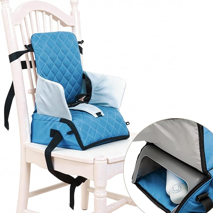 Booster Seat for Kitchen Chair, Toddler Booster seat for Dining Table, Travel, Restaurant, Portable High Chair, with Storage Bag, Baby Essentials, Blue(12"x12"x4")
