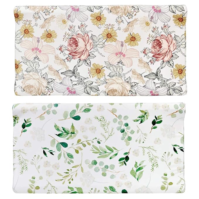 Diaper Changing Pad Cover, 2 Pack, Floral Changing Table Cover, Green Leaf Changing Pad Covers, Jersey Knit Changing Table Sheets, Gender Neutral Crib Bedding Covers for Baby Boy Girl