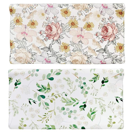 Diaper Changing Pad Cover, 2 Pack, Floral Changing Table Cover, Green Leaf Changing Pad Covers, Jersey Knit Changing Table Sheets, Gender Neutral Crib Bedding Covers for Baby Boy Girl