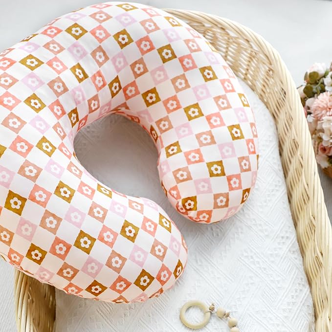 Nursing Pillow Covers 2 Pack, Orange Minky Dots Breastfeeding Pillow Slipcover for Baby Boys Girls, Ultra Comfortable Nursing Pillow Protector, Soft and Machine Washable, Flower Checkerboard