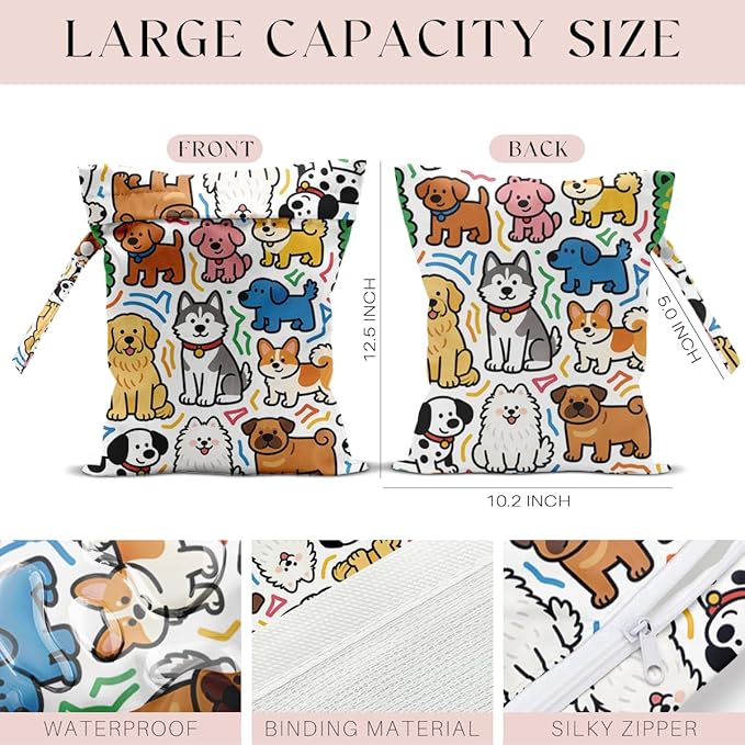 Wet Bag, Wet Dry Bag, Waterproof Swim Bags, Machine Washable Reusable Bags for, Beach, Pool, Diapers, and Dirty Yoga Gym Clothes(Cute Animal‑Decor Design)