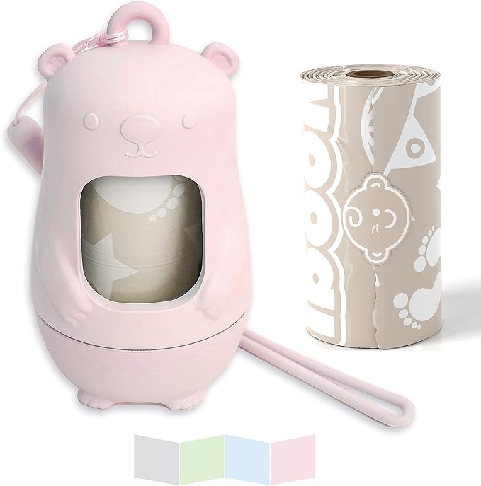 Moodie Teddy Bear Dispenser | Diaper Trash Bags on the Go Dispenser w/Silicon Strap | 15 UNSCENTED Baby Poop Bags per Roll | Dirty Diaper Bag Dispenser Disposable | Diaper Waste Bags (PINK)