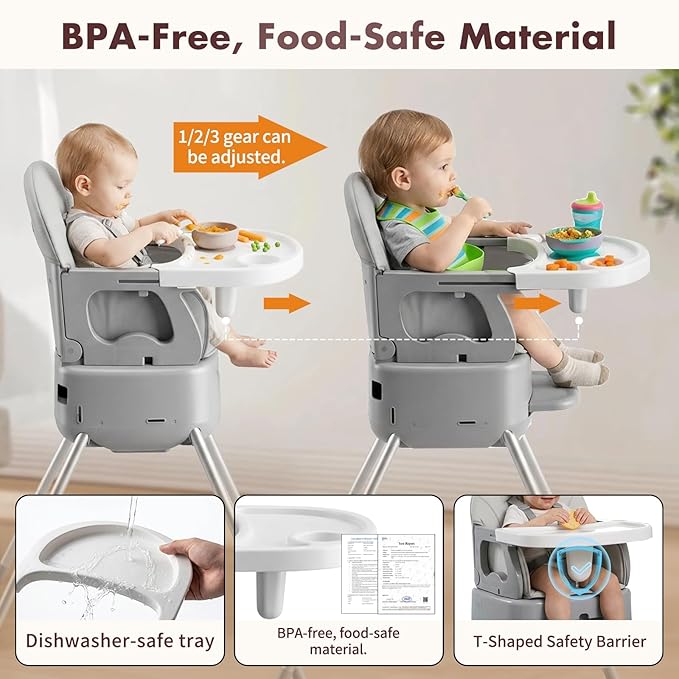 7 in 1 Convertible Baby HighChair for Babies and Toddlers,Adjustable Legs & Tray, Safe, Skin-Friendly Seat Cushion, Non-Slip & Stable, Supports up to 15kg Grey