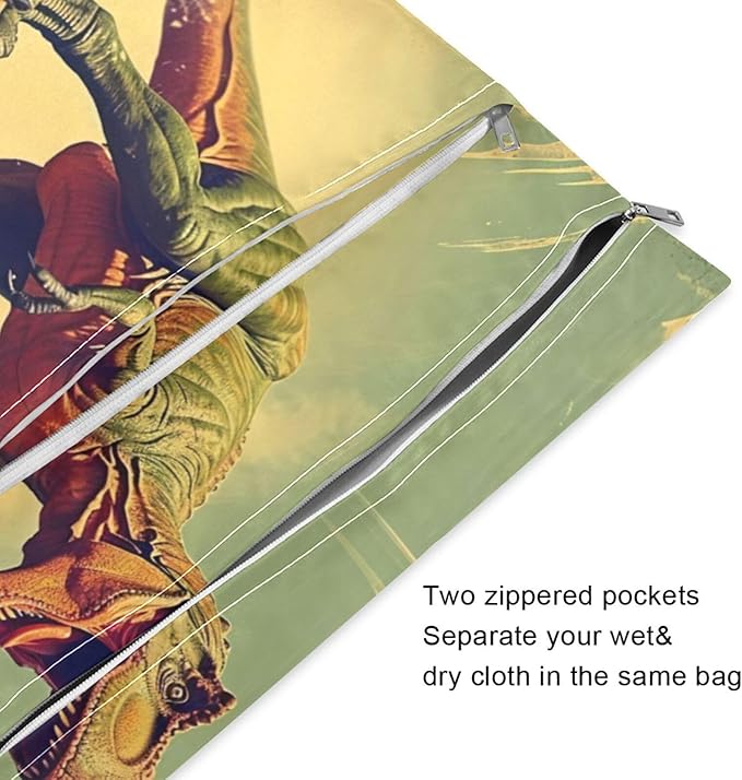 Dinosaur on Surfboard Wet Dry Bag for Baby Cloth Diaper Waterproof Reusable Travel Wet Bag with Two Zippered Pockets for Swimsuits, 2 Pcs