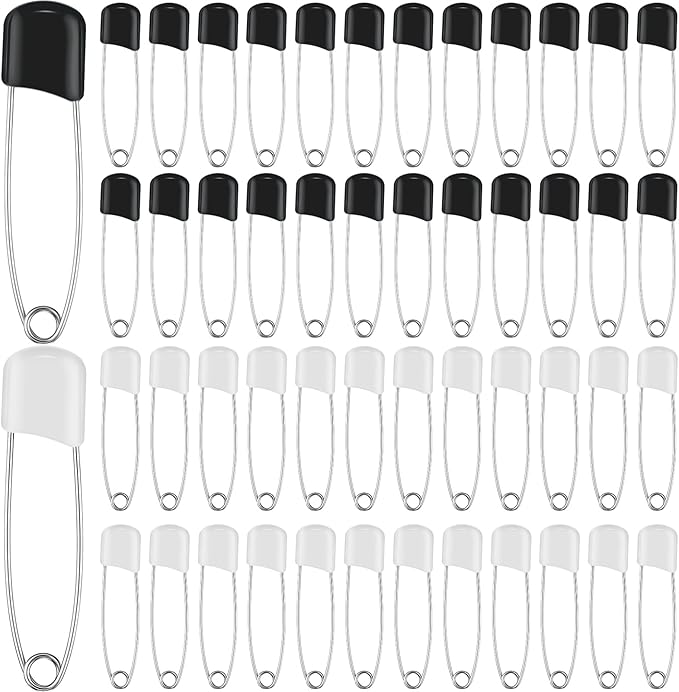 WILLBOND 100 Pcs Safety Pins 2.2 Inch Plastic Head Cloth Pins with Locking Closures Stainless Steel with Velvet Bag, Black and White